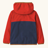 Back of Patagonia little kids hooded micro d snap t jacket in blue and red upper body with the hood down