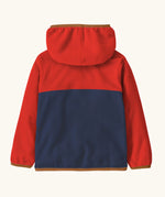 Back of Patagonia little kids hooded micro d snap t jacket in blue and red upper body with the hood down
