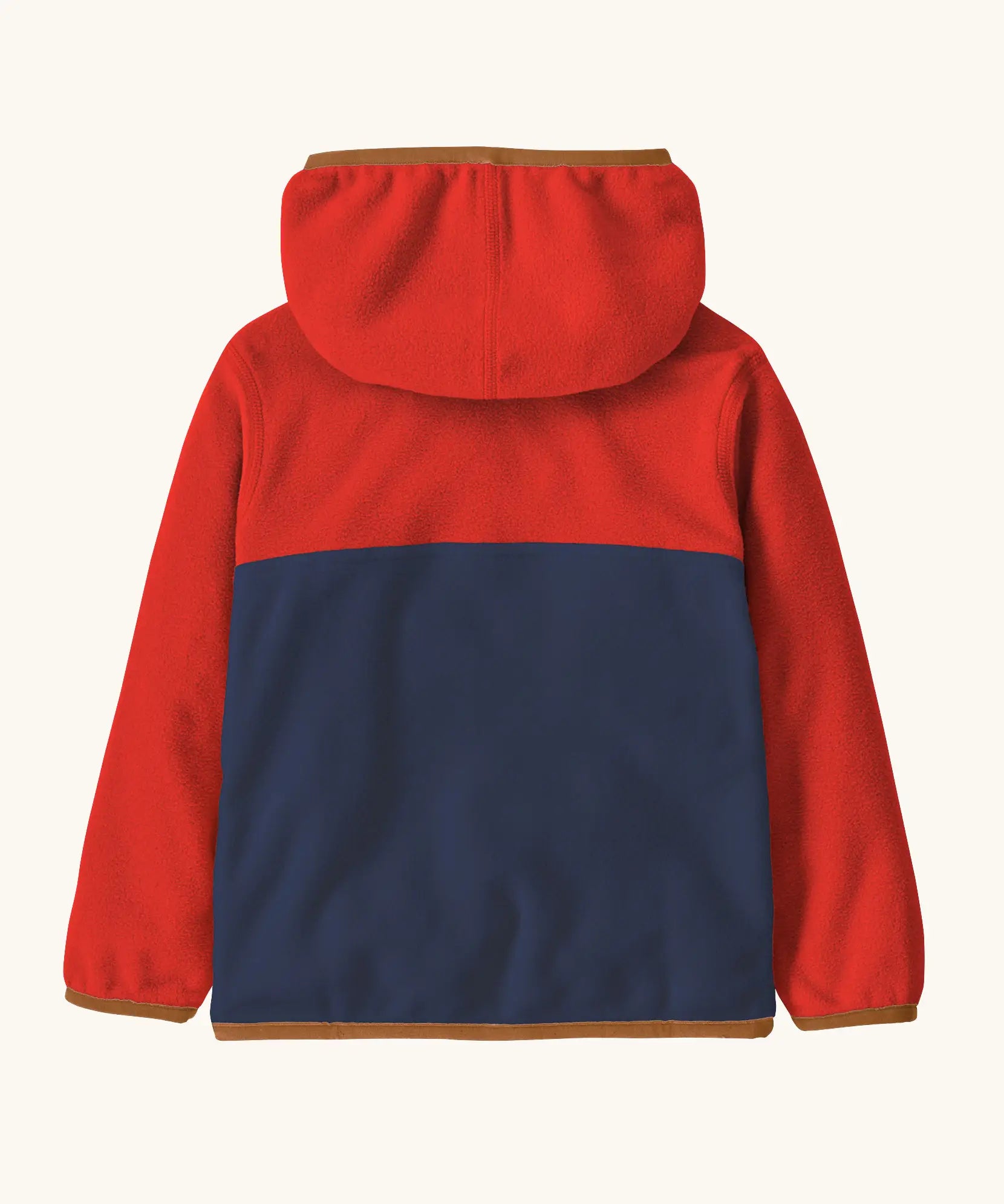 Back of Patagonia little kids hooded micro d snap t jacket in blue and red upper body with the hood down