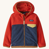 Patagonia little kids hooded micro-d snap t jacket in blue with red upper body with full front zip and chest pocket with yellow flap