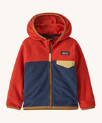 Patagonia little kids hooded micro-d snap t jacket in blue with red upper body with full front zip and chest pocket with yellow flap