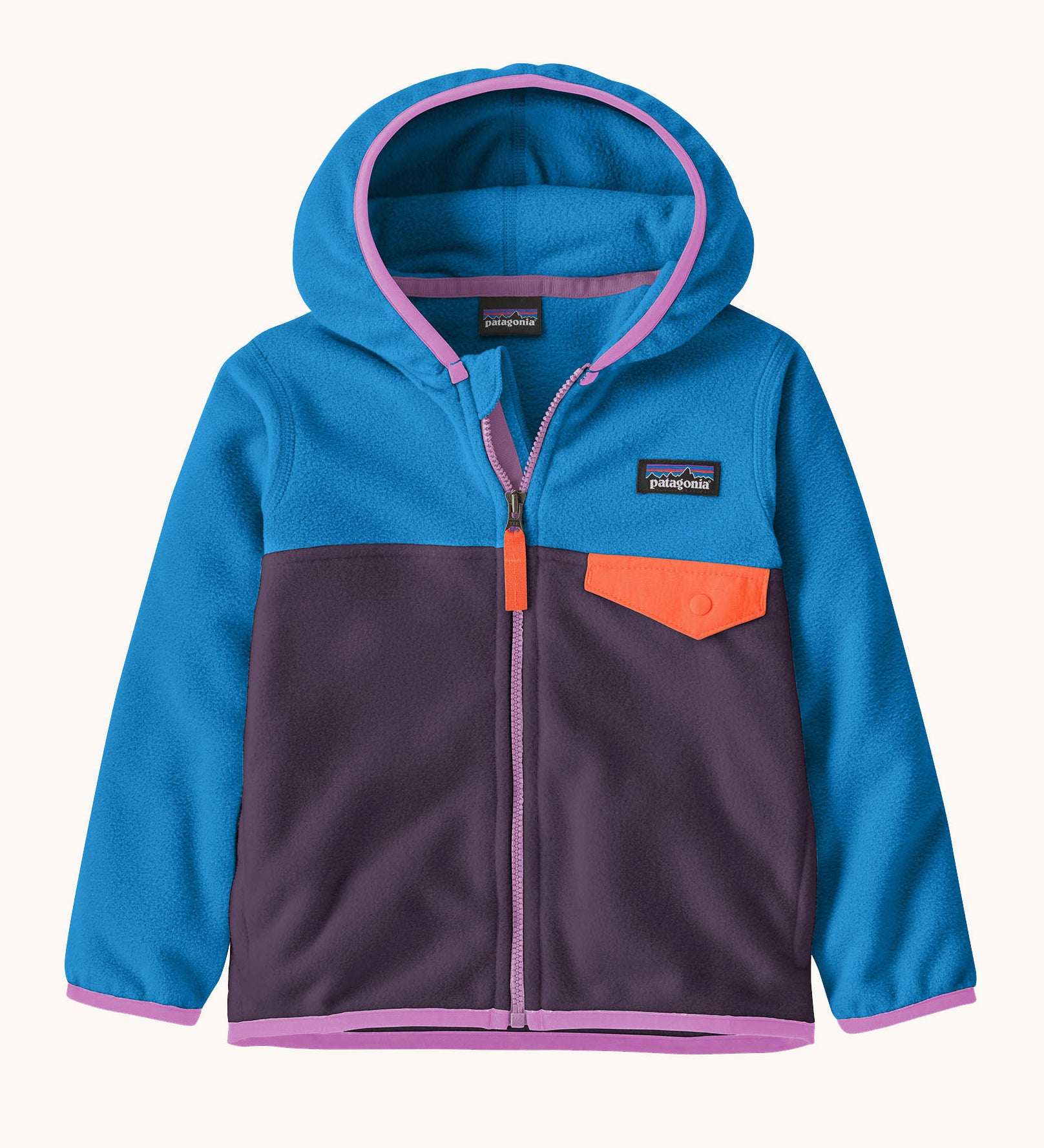Patagonia little kids micro d snap t jacket in plummet purple available at Babipur. A 100% recycled polyester soft fleece hooded jacket in blue and purple with pink trim. Features a full length zip and small chest pocket with a orange flap