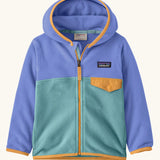 Patagonia 100% recycled polyester little kids micro d snap t hooded jacket in lilac with teal lower body and yellow trim showing full length front zip, side and flap chest pocket