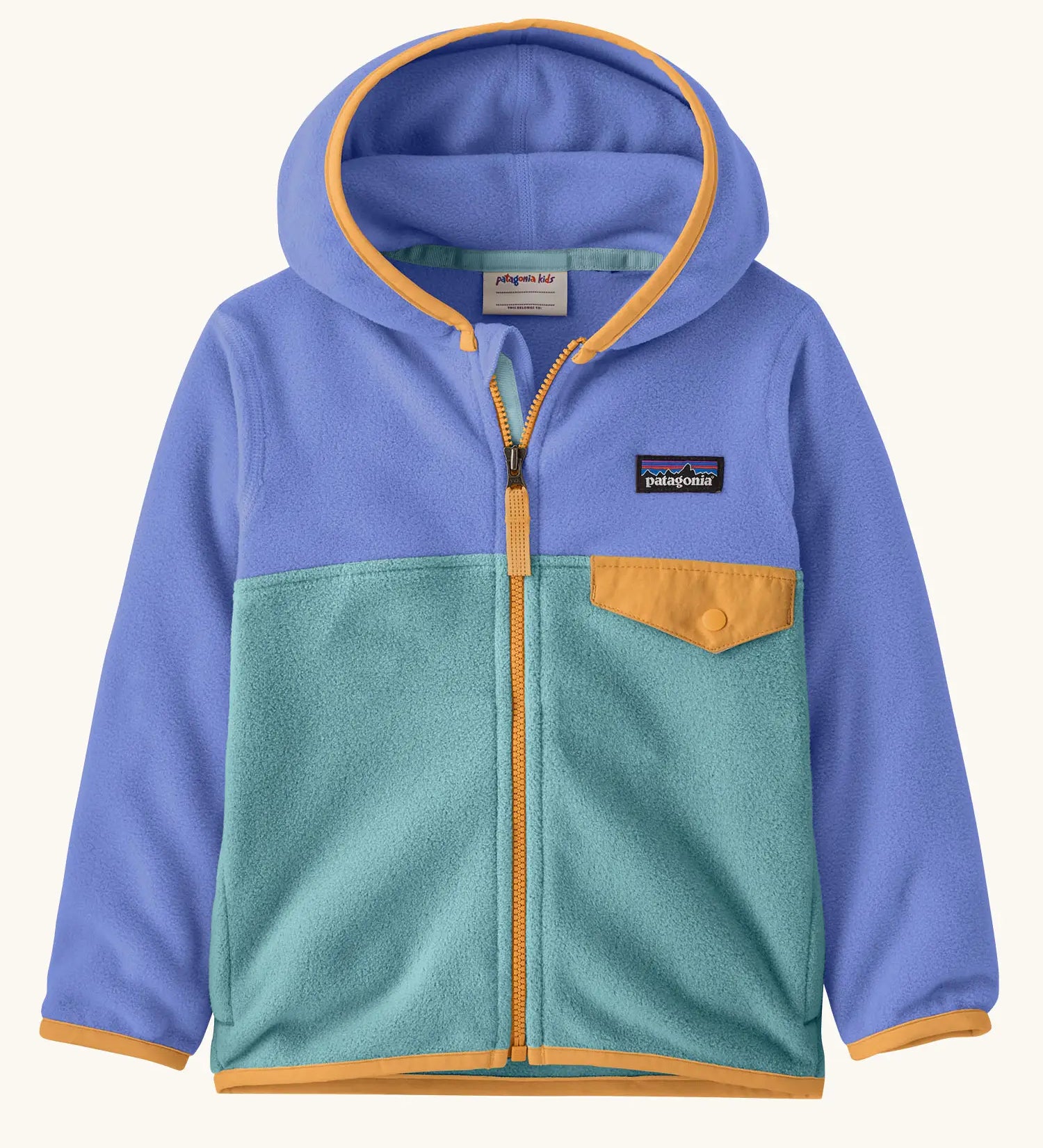 Patagonia 100% recycled polyester little kids micro d snap t hooded jacket in lilac with teal lower body and yellow trim showing full length front zip, side and flap chest pocket