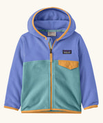 Patagonia 100% recycled polyester little kids micro d snap t hooded jacket in lilac with teal lower body and yellow trim showing full length front zip, side and flap chest pocket