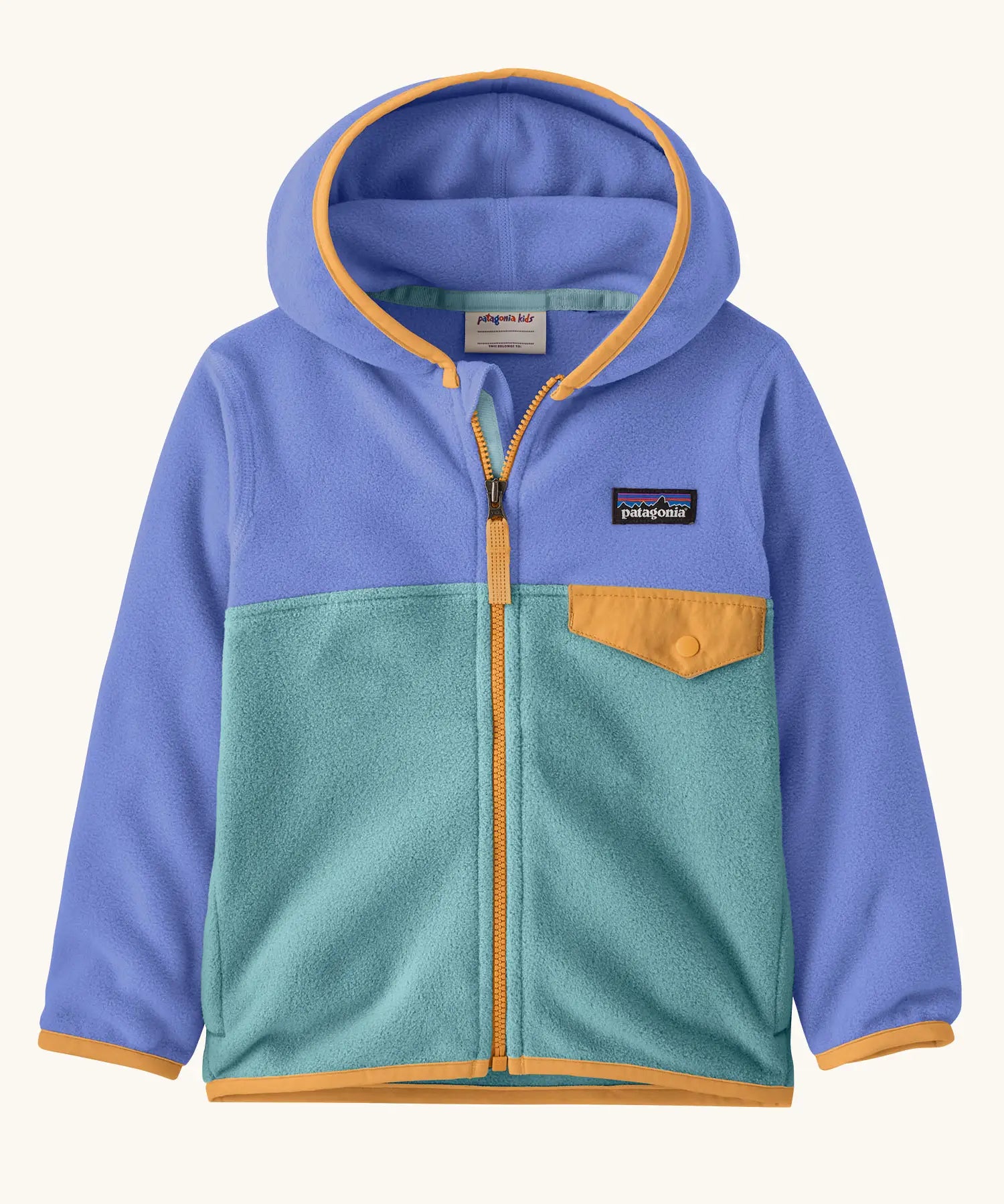 Patagonia 100% recycled polyester little kids micro d snap t hooded jacket in lilac with teal lower body and yellow trim showing full length front zip, side and flap chest pocket