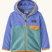 Patagonia 100% recycled polyester little kids micro d snap t hooded jacket in lilac with teal lower body and yellow trim showing full length front zip, side and flap chest pocket
