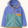 Patagonia 100% recycled polyester little kids micro d snap t hooded jacket in lilac with teal lower body and yellow trim showing full length front zip, side and flap chest pocket