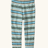 Patagonia 100% recycled polyester little kids micro d bottoms with a beige and turquoise striped geometric design.