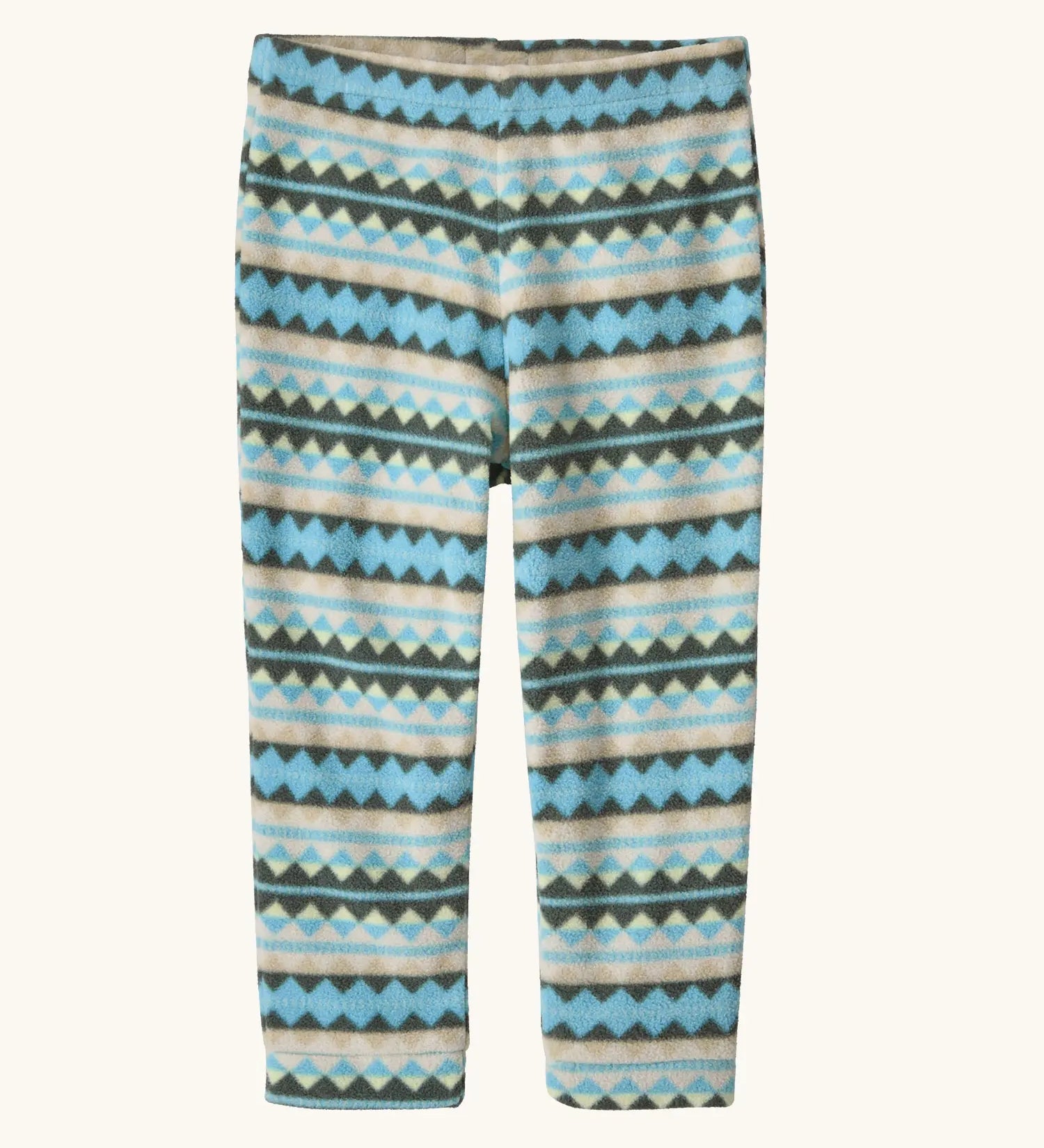 Patagonia 100% recycled polyester little kids micro d bottoms with a beige and turquoise striped geometric design.