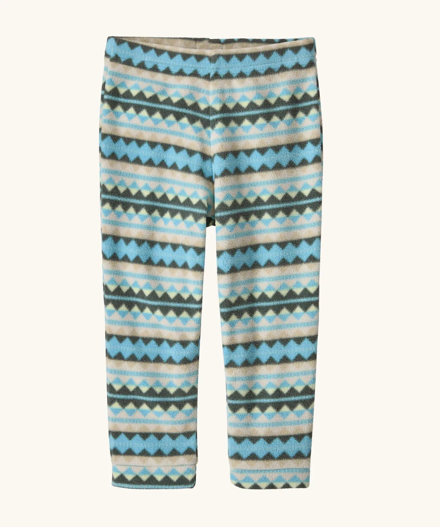 Patagonia 100% recycled polyester little kids micro d bottoms with a beige and turquoise striped geometric design.