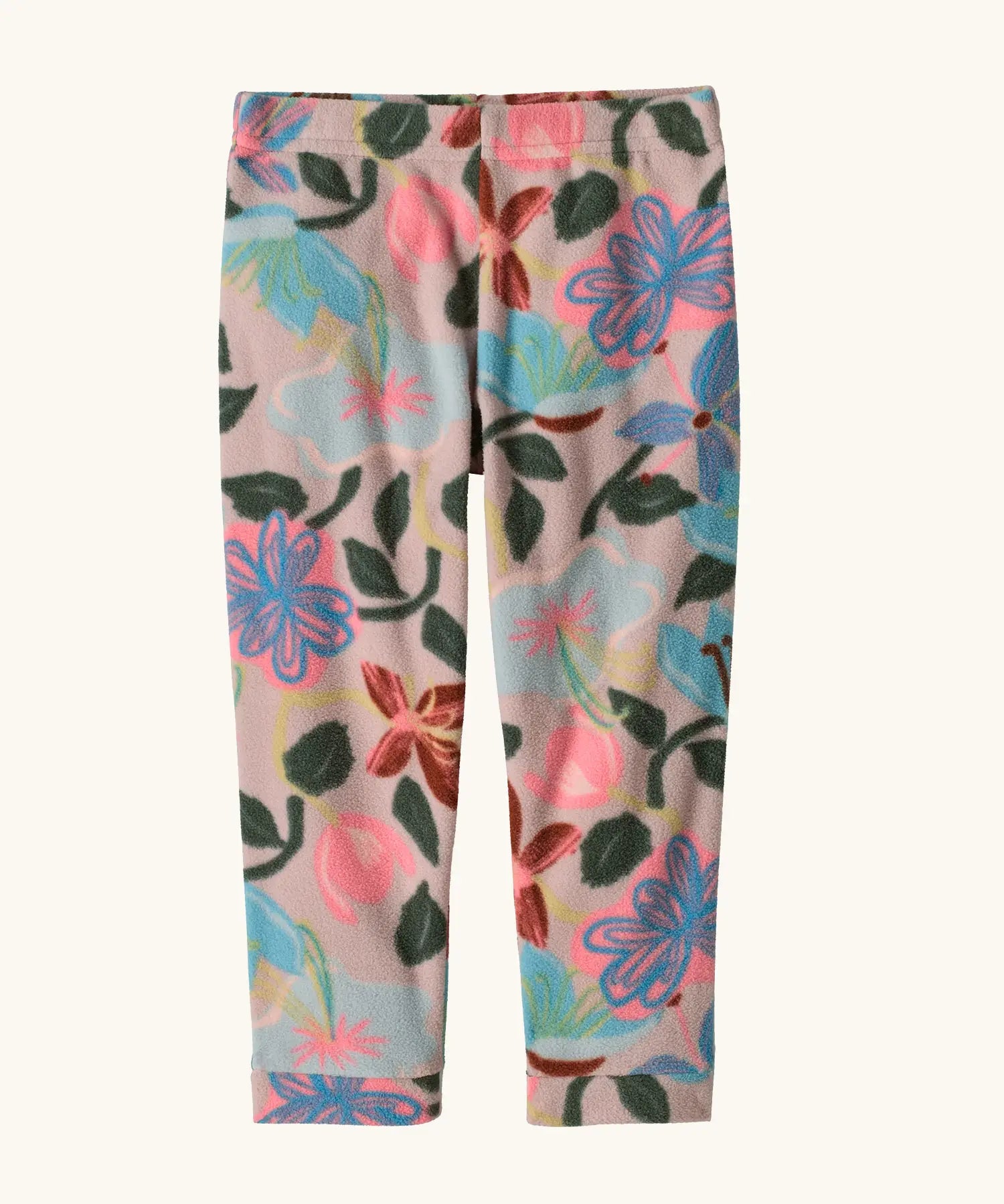 Patagonia 100% recycled polyester little kids micro d bottoms in pale pink with a repeating retro floral design