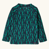 Patagonia 100% recycled polyester little kids micro d pullover jumper in navy with a repeating teal penguin design
