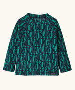 Patagonia 100% recycled polyester little kids micro d pullover jumper in navy with a repeating teal penguin design