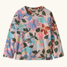 Patagonia 100% recycled polyester little kids micro d pullover jumper in pale pink with a repeating retro floral design