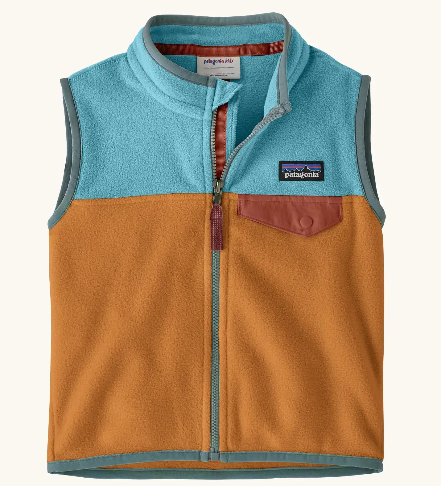 Patagonia little kids micro d fleece vest in brown with light blue upper body and grey trim. Features a full front zip and popper chest pocket