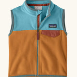 Patagonia little kids micro d fleece vest in brown with light blue upper body and grey trim. Features a full front zip and popper chest pocket
