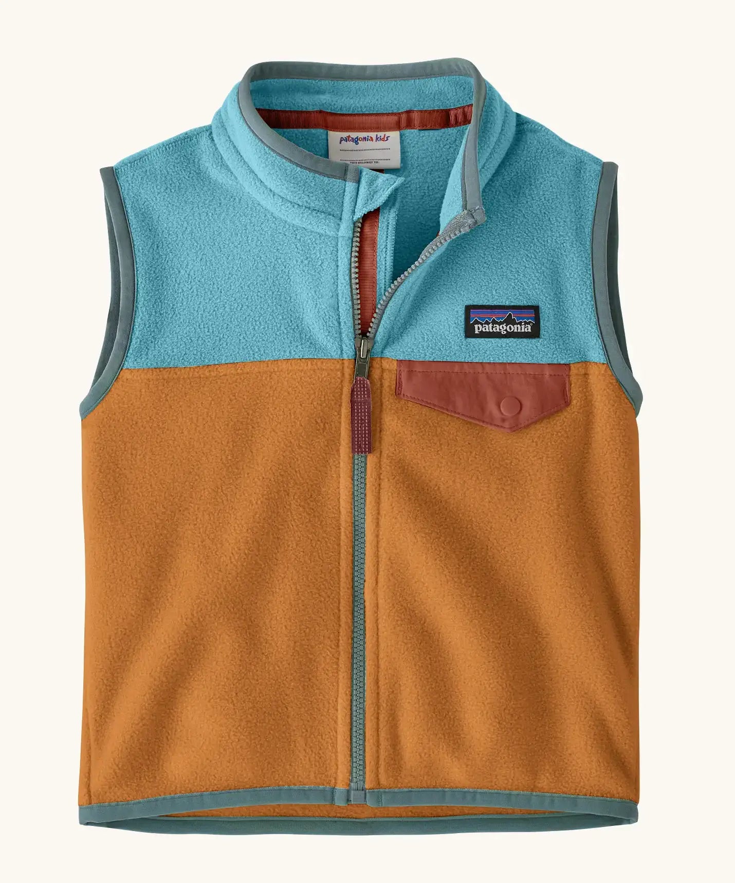 Patagonia little kids micro d fleece vest in brown with light blue upper body and grey trim. Features a full front zip and popper chest pocket