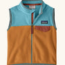 Patagonia little kids micro d fleece vest in brown with light blue upper body and grey trim. Features a full front zip and popper chest pocket