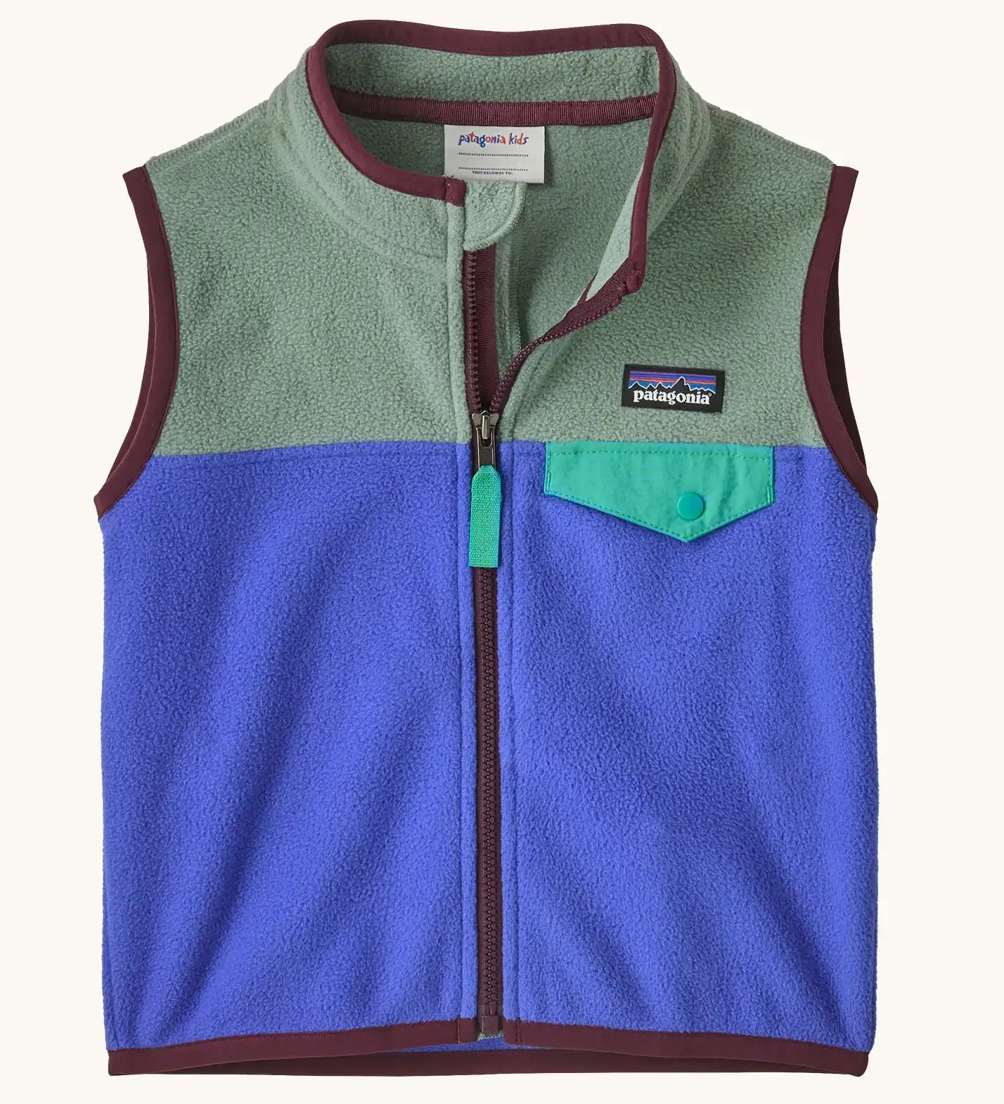 Patagonia little kids micro d fleece vest in blue with pale green upper body and marroon trim. Features a full front zip and popper chest pocket
