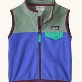 Patagonia little kids micro d fleece vest in blue with pale green upper body and marroon trim. Features a full front zip and popper chest pocket