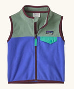Patagonia little kids micro d fleece vest in blue with pale green upper body and marroon trim. Features a full front zip and popper chest pocket