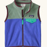 Patagonia little kids micro d fleece vest in blue with pale green upper body and marroon trim. Features a full front zip and popper chest pocket