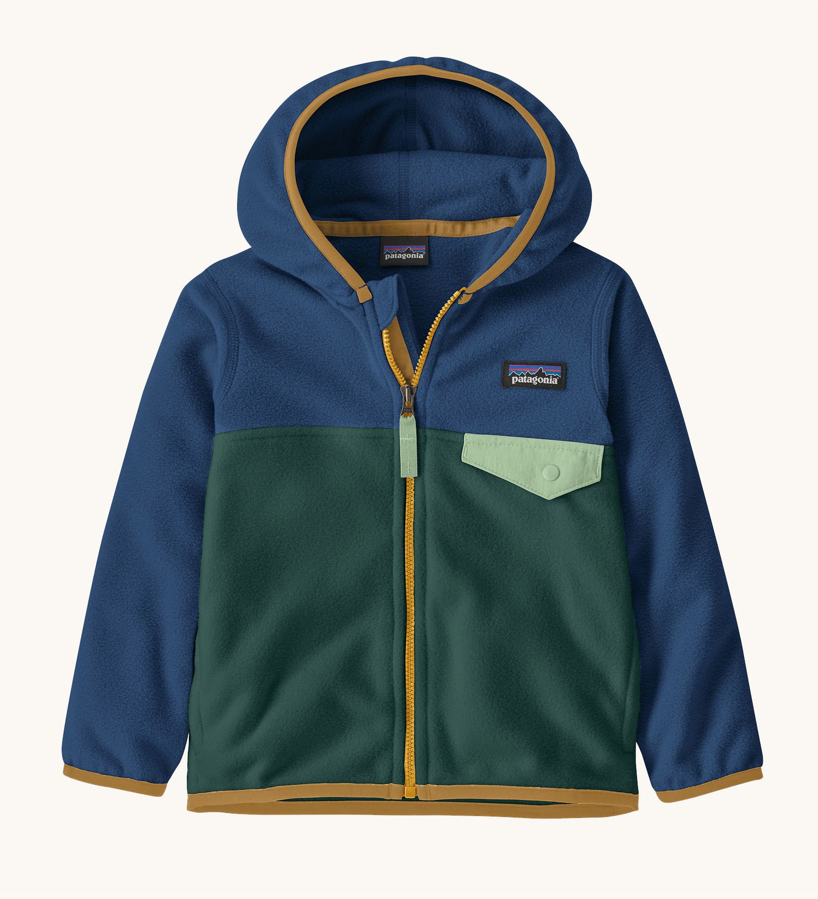 Patagonia little kids micro d snap t jacket in cascade green available at Babipur. A 100% recycled polyester soft fleece hooded jacket in dark navy and green with dark yellow trim. Features a full length zip and small chest pocket with a green flap