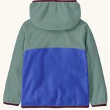 Back of Patagonia little kids micro d snap t hooded jacket in sage green with blue lower body showing marroon trim on the hood, cuffs and hem