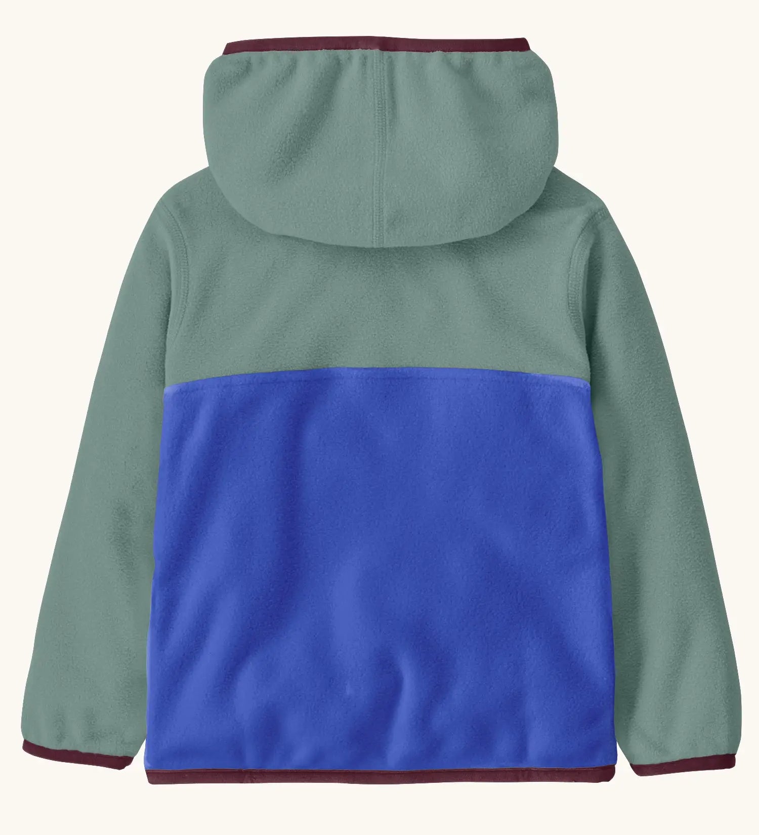Back of Patagonia little kids micro d snap t hooded jacket in sage green with blue lower body showing marroon trim on the hood, cuffs and hem