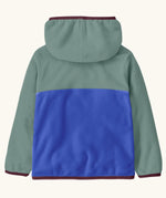 Back of Patagonia little kids micro d snap t hooded jacket in sage green with blue lower body showing marroon trim on the hood, cuffs and hem
