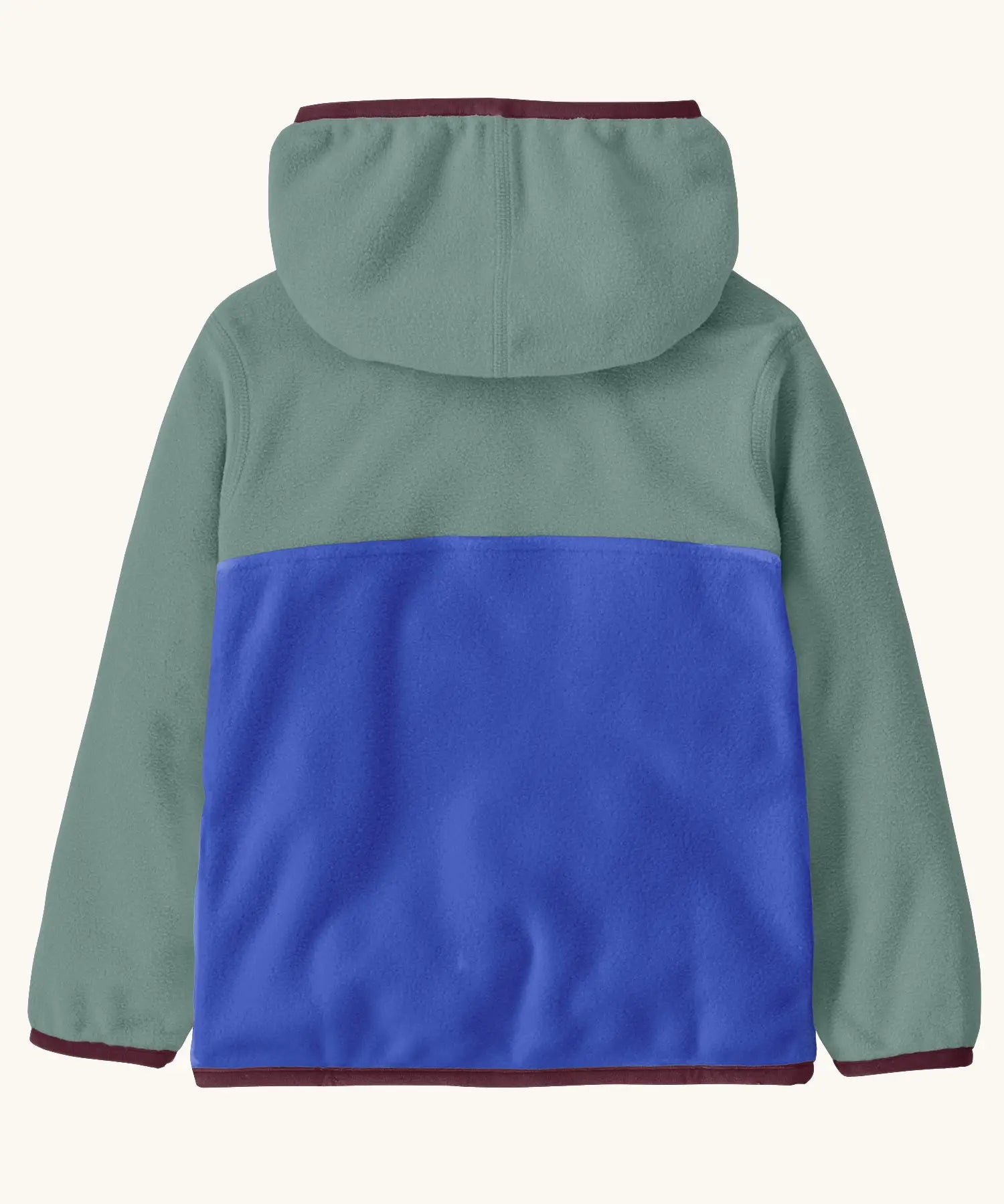 Back of Patagonia little kids micro d snap t hooded jacket in sage green with blue lower body showing marroon trim on the hood, cuffs and hem