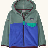 Patagonia 100% recycled polyester little kids micro d snap t hooded jacket in sage green with blue lower half showing full length front zip and flap chest pocket