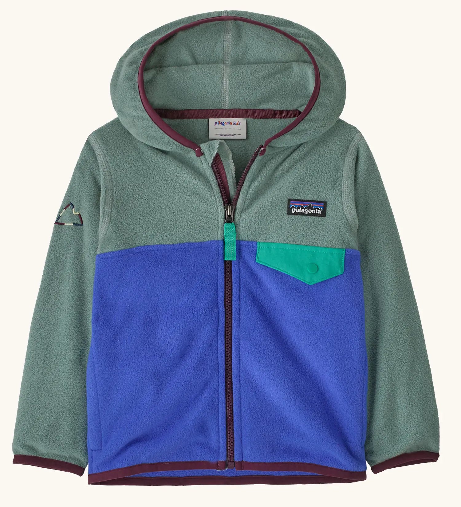 Patagonia 100% recycled polyester little kids micro d snap t hooded jacket in sage green with blue lower half showing full length front zip and flap chest pocket