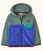 Patagonia 100% recycled polyester little kids micro d snap t hooded jacket in sage green with blue lower half showing full length front zip and flap chest pocket