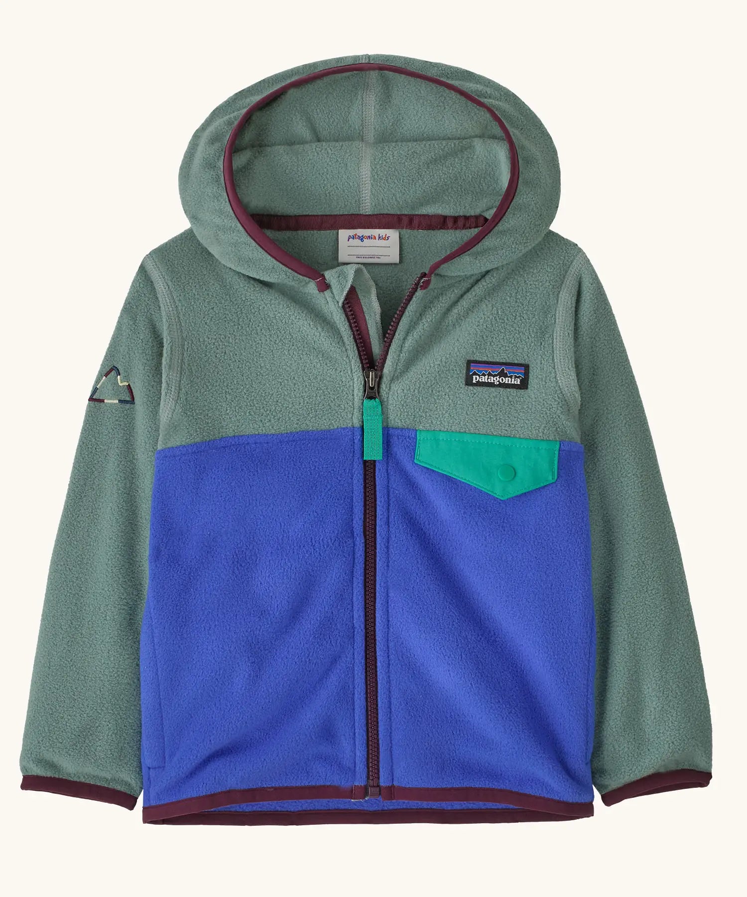 Patagonia 100% recycled polyester little kids micro d snap t hooded jacket in sage green with blue lower half showing full length front zip and flap chest pocket