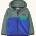 Patagonia 100% recycled polyester little kids micro d snap t hooded jacket in sage green with blue lower half showing full length front zip and flap chest pocket