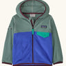 Patagonia 100% recycled polyester little kids micro d snap t hooded jacket in sage green with blue lower half showing full length front zip and flap chest pocket