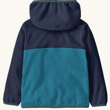 Back of Patagonia polyester little kids micro d snap t hooded jacket in navy with light blue lower 