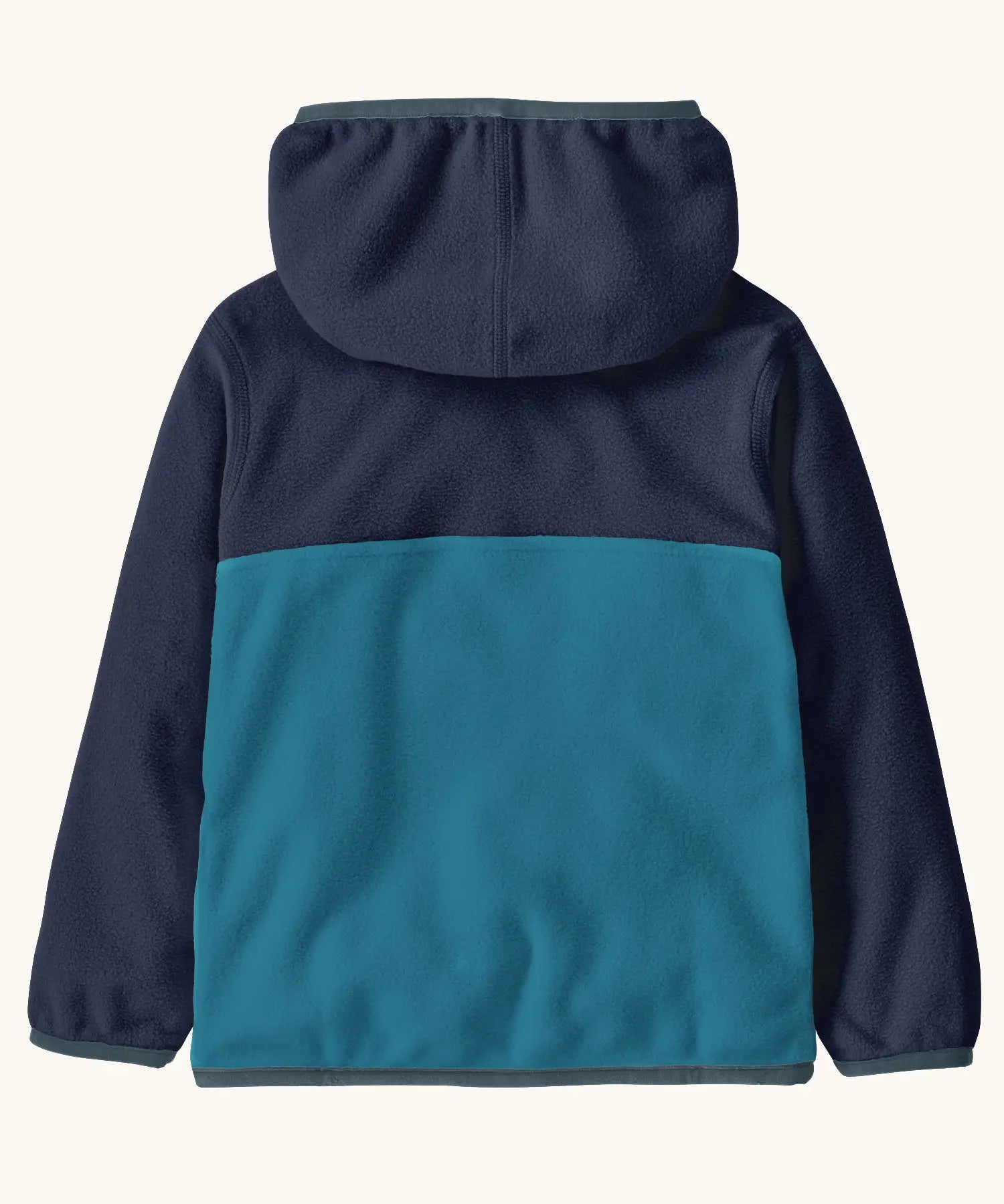 Back of Patagonia polyester little kids micro d snap t hooded jacket in navy with light blue lower 