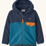 Patagonia 100% recycled polyester little kids micro d snap t hooded jacket in navy with light blue lower half showing full length front zip and flap chest pocket