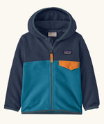 Patagonia 100% recycled polyester little kids micro d snap t hooded jacket in navy with light blue lower half showing full length front zip and flap chest pocket