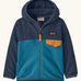 Patagonia 100% recycled polyester little kids micro d snap t hooded jacket in navy with light blue lower half showing full length front zip and flap chest pocket