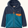 Patagonia 100% recycled polyester little kids micro d snap t hooded jacket in navy with light blue lower half showing full length front zip and flap chest pocket
