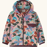 Patagonia 100% recycled polyester little kids micro d snap t hooded jacket in pale pink repeating retro floral design. Shows a full front zip and chest pocket