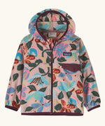 Patagonia 100% recycled polyester little kids micro d snap t hooded jacket in pale pink repeating retro floral design. Shows a full front zip and chest pocket