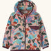 Patagonia 100% recycled polyester little kids micro d snap t hooded jacket in pale pink repeating retro floral design. Shows a full front zip and chest pocket