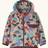 Patagonia 100% recycled polyester little kids micro d snap t hooded jacket in pale pink repeating retro floral design. Shows a full front zip and chest pocket