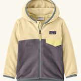 Patagonia 100% recycled polyester little kids micro d snap t hooded jacket in yellow with grey lower half showing full length front zip, side and flap chest pocket