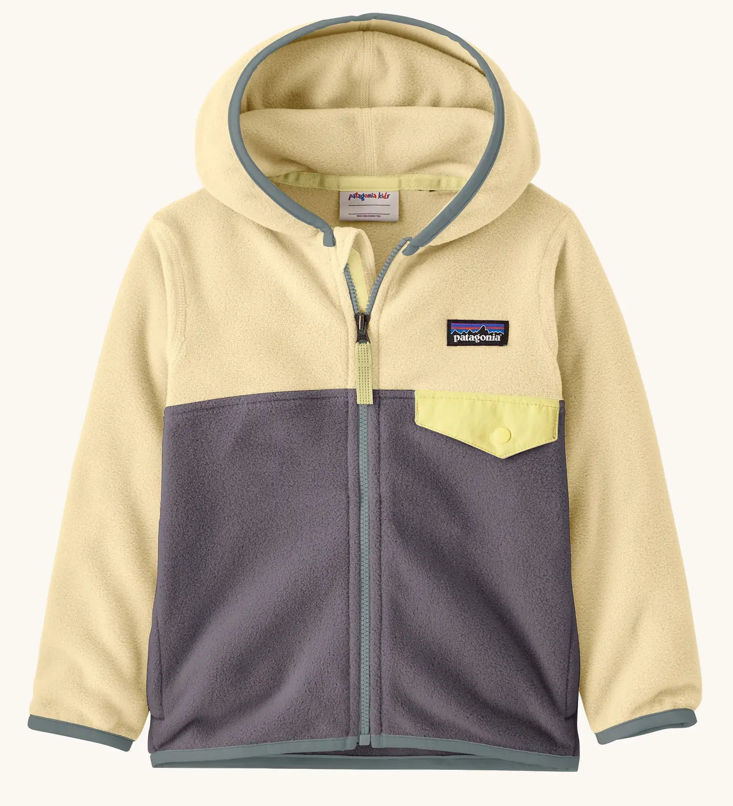 Patagonia 100% recycled polyester little kids micro d snap t hooded jacket in yellow with grey lower half showing full length front zip, side and flap chest pocket